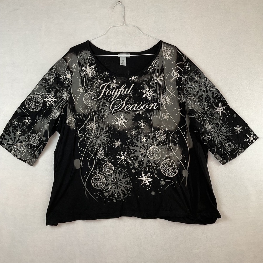 Catherines Joyful Season Christmas Top Black Silver Snowflake 4X 30/32W Cotton